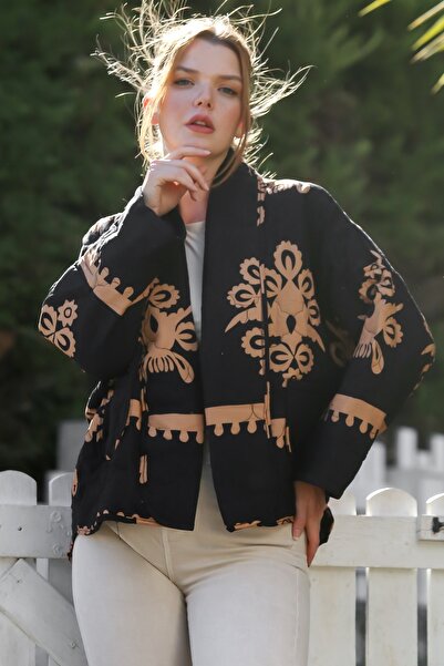 Chiccy Italian Black Shawl Collar Long Sleeve Patterned Pocketed Quilted Back Long Woven Jacket 70 66
