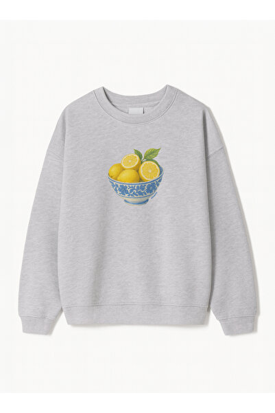 Disante Women's Oversize Fit Sweatshirt Lemon Printed – Crew Neck, 3 Thread Fleece