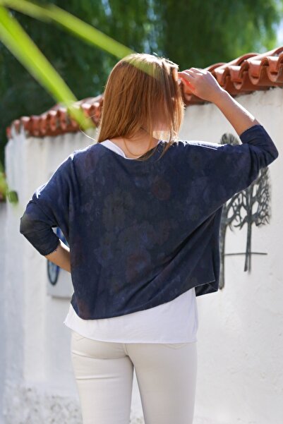 Chiccy Italian Persian Navy Blue Pool Collar Long Sleeve Patterned Thin Two-Piece Set Inside Sleeveless Combed Knitwear Blouse 70 60