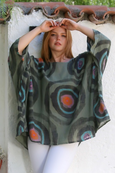 Chiccy Italian Khaki Pool Collar Batwing Sleeve Geometric Patterned Linen Oversize Woven Tunic 80 120