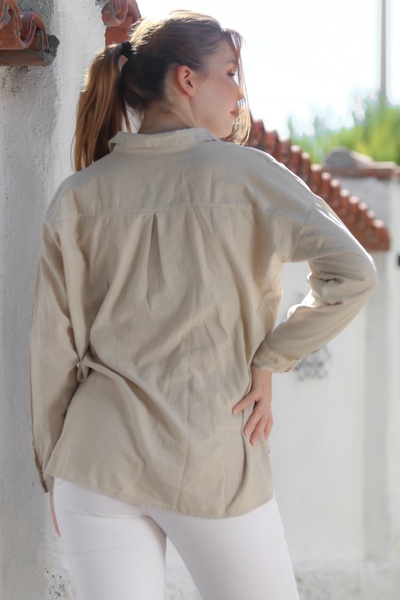 Chiccy Organic Cotton Beige Shirt Collar Long Sleeve Double Flap Pocket Long Woven Back Shirt 70 65