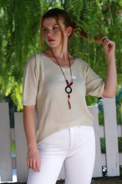 Chiccy Κρεμ μπλούζα με λαιμόκοψη σε σχήμα V, μανίκια 3/4, λεπτή, μακριά στο πίσω μέρος, πλεκτή μπλούζα 50 60