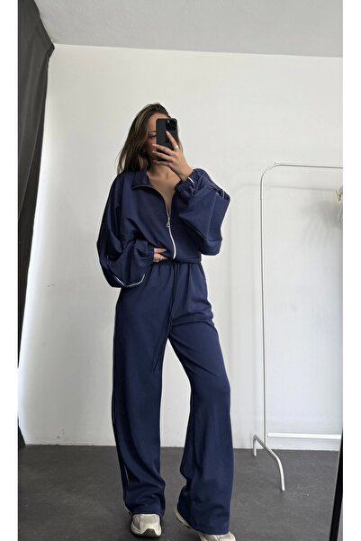 nona butik Haley Striped Tracksuit Set - Navy Blue