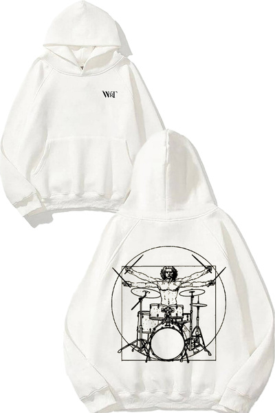 THEWERT Bateri Drum Music 2 Design Back Printed White Hooded Sweatshirt