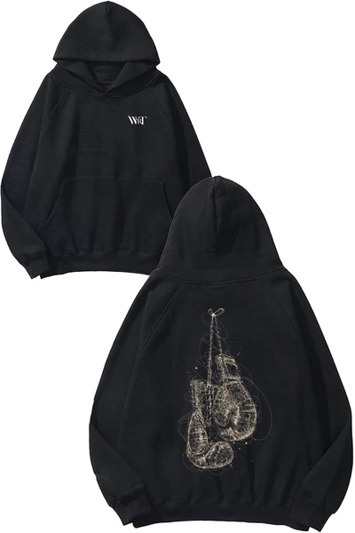 THEWERT Boxing Glove Design Back Printed Black Hooded Sweatshirt