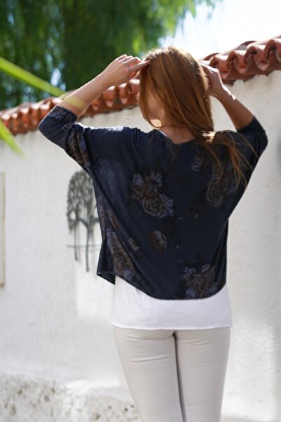Chiccy Italian Navy Blue Pool Collar Long Sleeve Patterned Thin Two-Piece Set Inside Sleeveless Combed Knitwear Blouse 70 60