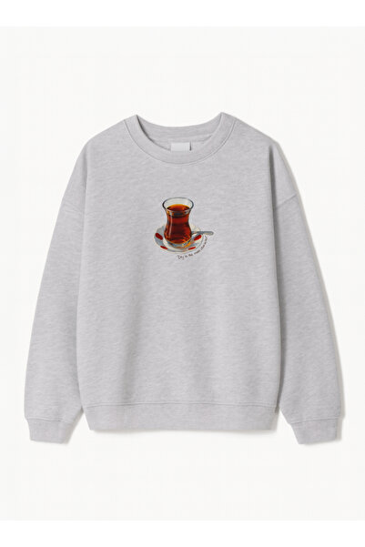 Disante Women's Oversized Fit Sweatshirt Tea Is the Main Character Printed – Crew Neck, 3 Thread Fleece