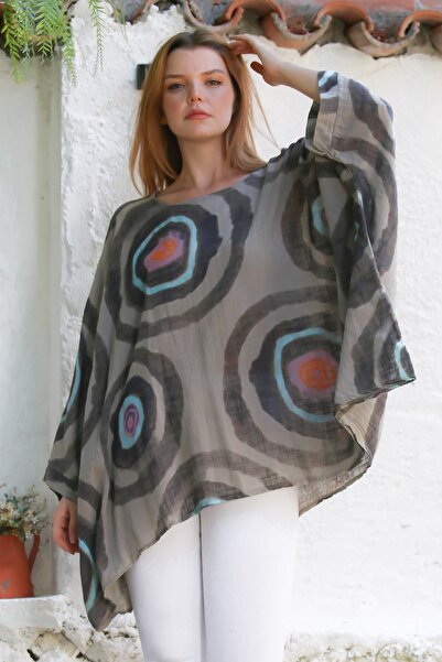 Chiccy Italian Mink Pool Collar Batwing Sleeve Geometric Patterned Linen Oversize Woven Tunic 80 120