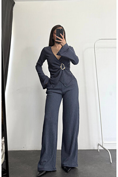 nona butik Double-Breasted Buckle Suit - Navy Blue