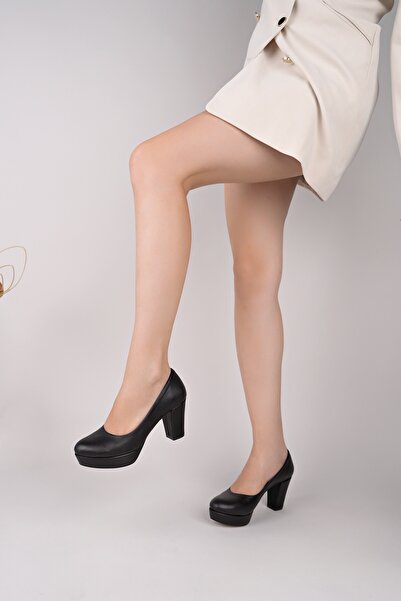 ALPELLİByAlp Women's Black Genuine Leather Premium Design Low-Cut Low Platform Heeled Shoes