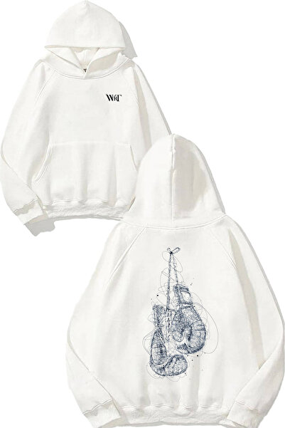 THEWERT Hanorac alb cu glugă cu imprimeu pe spate cu design de mănușă de box