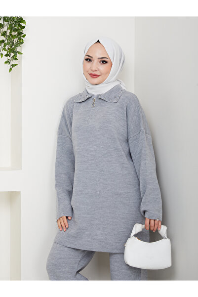 MY QILAM Women's Hijab Set Zippered Pearl Detailed Shirt Collar Knitwear Bottom Top Set Gray
