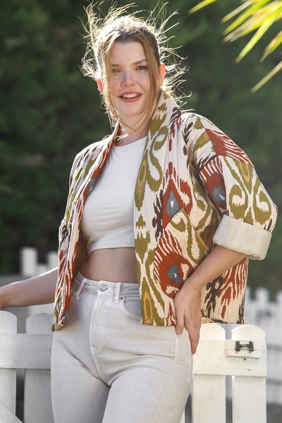 Chiccy Italian Burgundy-Beige Shawl Collar Long Sleeve Kilim Patterned Pocketed Lined Quilted Woven Jacket 57 65