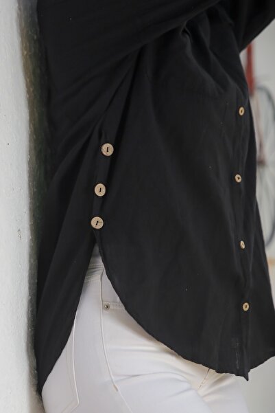 Chiccy Organic Cotton Black Shirt Collar Long Sleeve Double Flap Pocket Long Woven Back Shirt 70 65