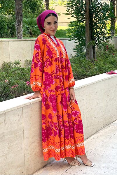 Moda Rosa 25Y3541 - TURUNCU/FUŞYA - BEGONVİL VİSKON ELBİSE