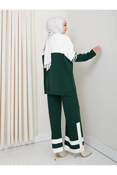 MY QILAM Women's Hijab Set Two Colors Half Turtleneck Knitwear Bottom Top Set Green