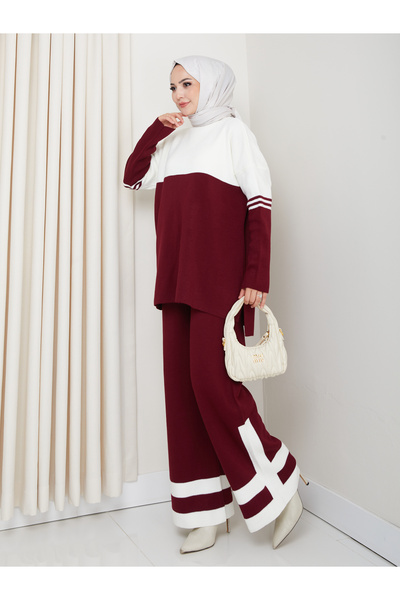 MY QILAM Women's Hijab Set Two Colors Half Turtleneck Knitwear Bottom Top Set Burgundy