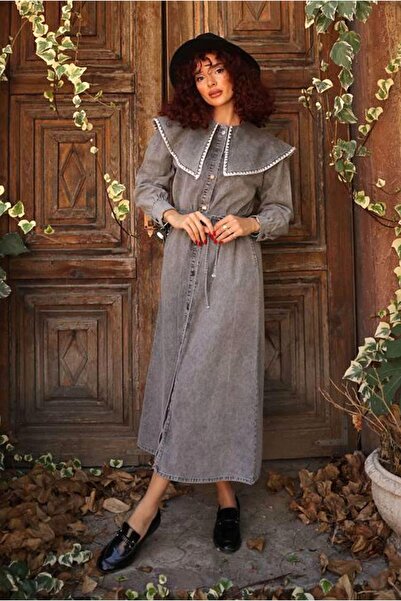 Moda Rosa 26K9258 - ANTRASİT - BEBE YAKA ELBİSE