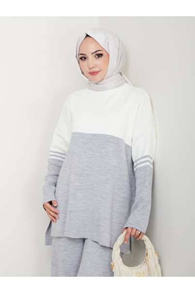 MY QILAM Women's Hijab Set Two Colors Half Turtleneck Knitwear Bottom Top Set Gray