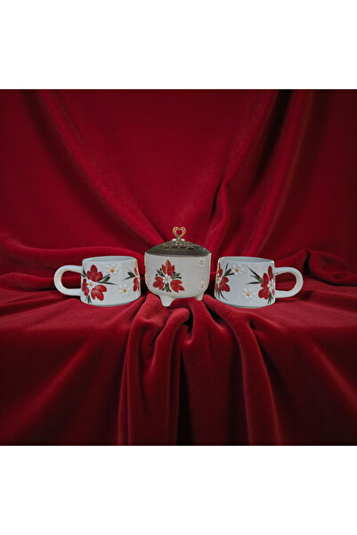 İlbay Çini Takı 2 Mugs with Red Crocus Flower Pattern and 1 Sugar Bowl