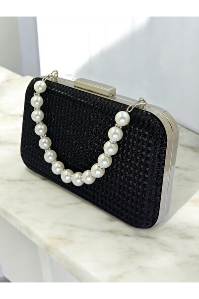 Wedding Fashion حقيبة سهرة نسائية سوداء اللون بمقبض لؤلؤي وسلسلة معدنية براقة...