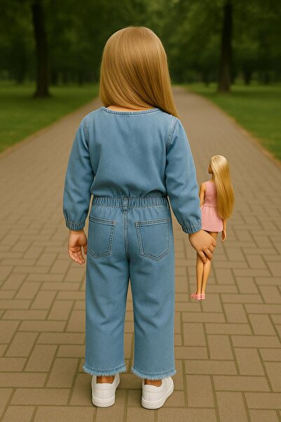 Minavkids Kurdele nakışlı açık mavi renkli kız kot pantolon