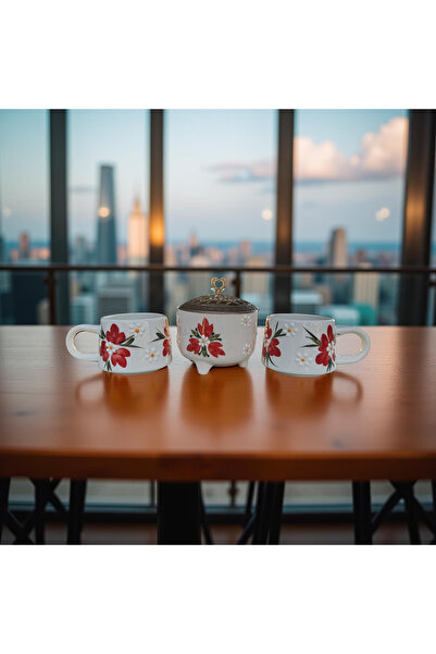 İlbay Çini Takı 2 Mugs with Red Crocus Flower Pattern and 1 Sugar Bowl