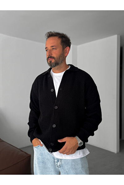 BYBASICMAN Black Buttoned Oversize Knit Cardigan Df-002