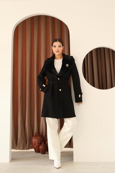 MODİVA MİX Women's Fur and Button Detailed Jacket Collar Belted Coat 95cm