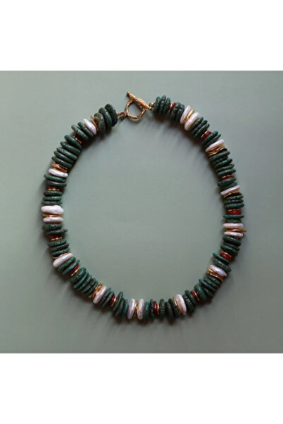 B Design jewelry Ariel Turkuaz Taşı, Mercan ve Barok İnci Disk Kesim Kolye