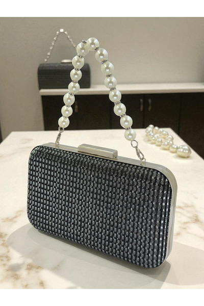 Wedding Fashion Siyah Gümüş Renk İncili Saplı Simli Tel Kırma Kadın Abiye Çan...