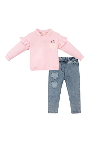 Momercy طقم جينز للفتيات مع زهور وقلوب