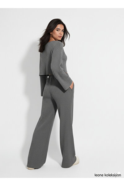 LEONE KOLEKSİYON Σετ από πλεκτό ύφασμα ανθρακί κοτλέ & παντελόνι με φαρδύ πόδι