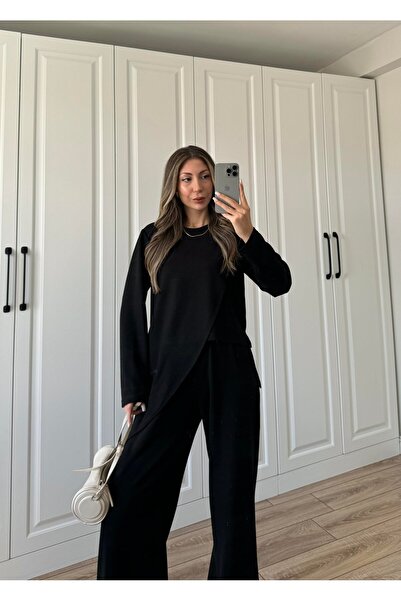 manana fashion Asymmetric Cut Long Sleeve Blouse Pants Two-Piece Modal Top and Bottom Set