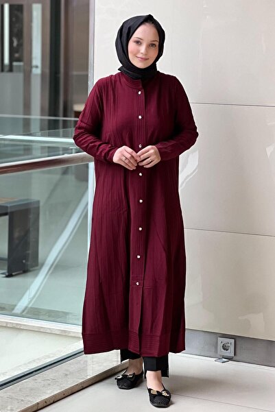 Mahal Crochet Knitwear Ribbed Detailed Max Length Knitwear Rayon Cardigan