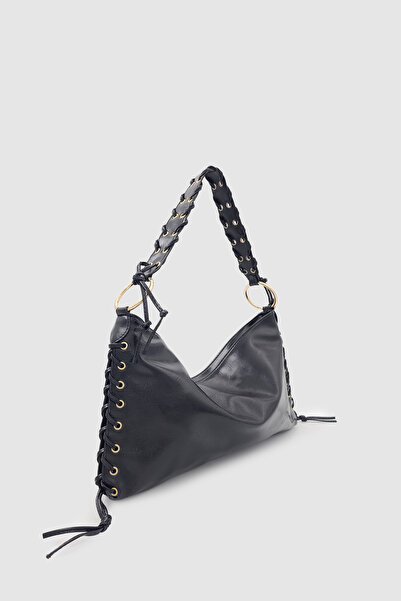 Wuclo Rosua Tassel and Lace Detailed Ringed Hobo Shoulder Bag Black