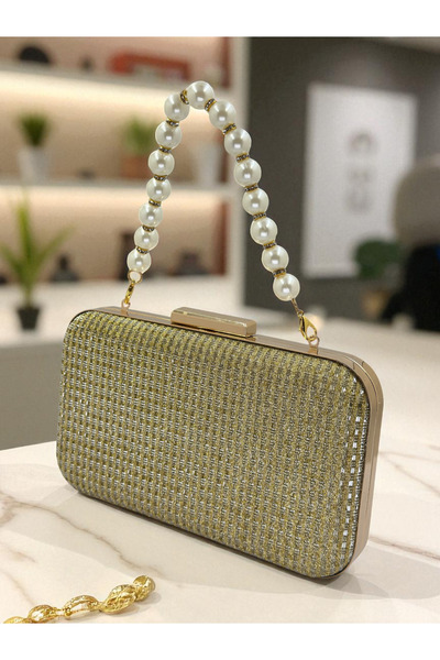 Wedding Fashion Gold Gold Color Pearls Handle Glitter Wire Wrapping Women Evening Dress Bag Wedding Engagement Graduation