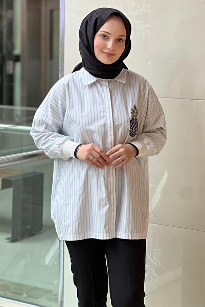 Mahal Crochet Knitwear Ribbed Detailed Embroidered Striped Poplin Shirt