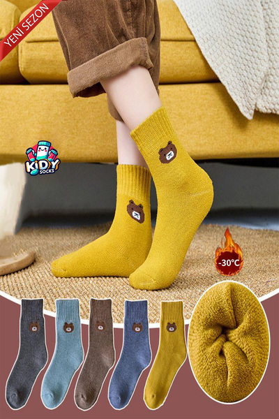 kidy Kışlık Ayıcık Desenli Termal Kadın Çorap Seti (Havlu) 3 Çift
