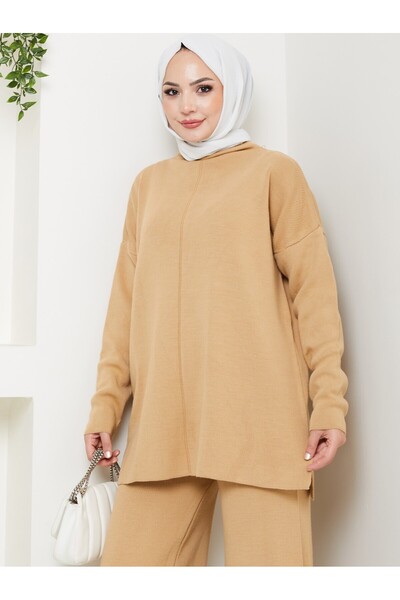 MY QILAM Women's Hijab Set Half Turtleneck Sweater Pants Bottom Top Knitwear Set Beige