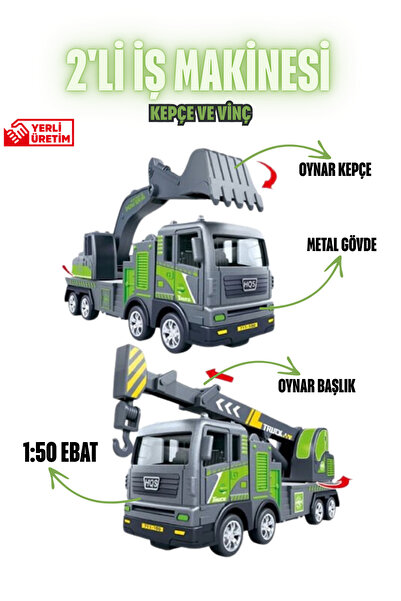 welcomein 2’li İş Makinesi Seti 1:50 Ölçek Metal Kepçe ve Vinç Oyuncak İnşaat...