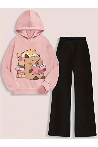 buendiakids Kız Çocuk Pembe-Siyah/ Kitap Capybara Baskılı Kapşonlu Sweatshirt-Boru Paça Pantolon Takım