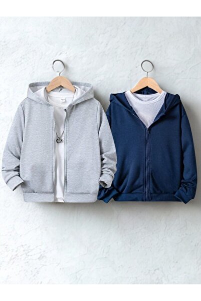 Baxia 2 Lİ PAKET Kız-erkek Çocuk DÜZ RENK Baskısız Kapşonlu Hırka Sweatshirt LACİVERT RENK