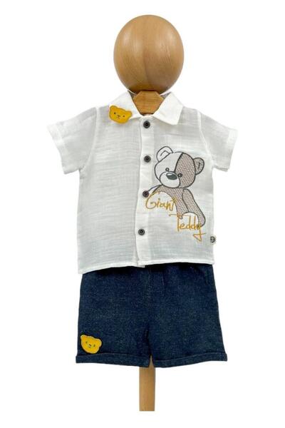 Dumledo 2-Piece Baby Boy & Kids Set with Teddy Bear White Shirt and Blue Shorts