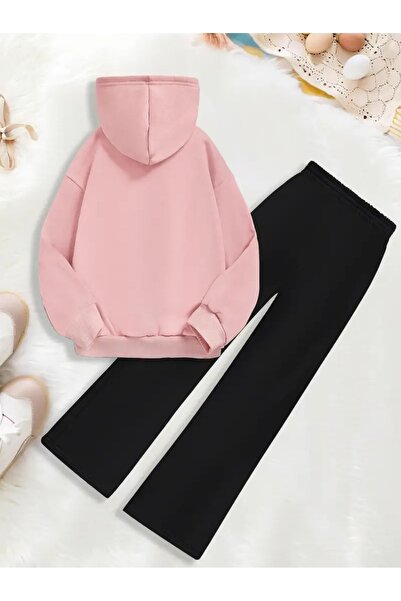 buendiakids Kız Çocuk Pembe-Siyah/ Kitap Capybara Baskılı Kapşonlu Sweatshirt-Boru Paça Pantolon Takım