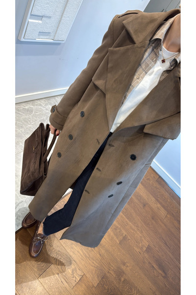 Julidress Double-Breasted Collar Lined Belted Long Premium Suede Trench Coat