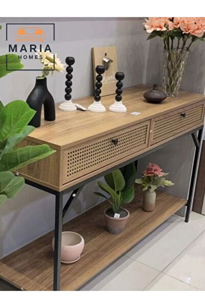 MARIA HOMES Modern Industrial Console Table with Ratan Storage Drawers – 120x35x40cm for Entryway or Living Room