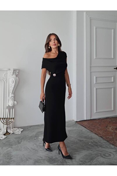 Miss Beyoğlu Νέα Σεζόν Χρυσό Λεπτομερές Μακρύ Φόρεμα Scuba Crep