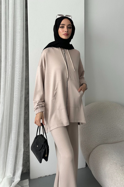 adba style Women's Modal Combed Cotton Oversize Hooded Hijab Tunic Set 4036