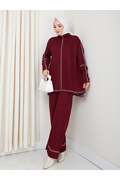 MY QILAM Women's Hijab Set Patterned Half Turtleneck Knitwear Bottom and Top Set Burgundy